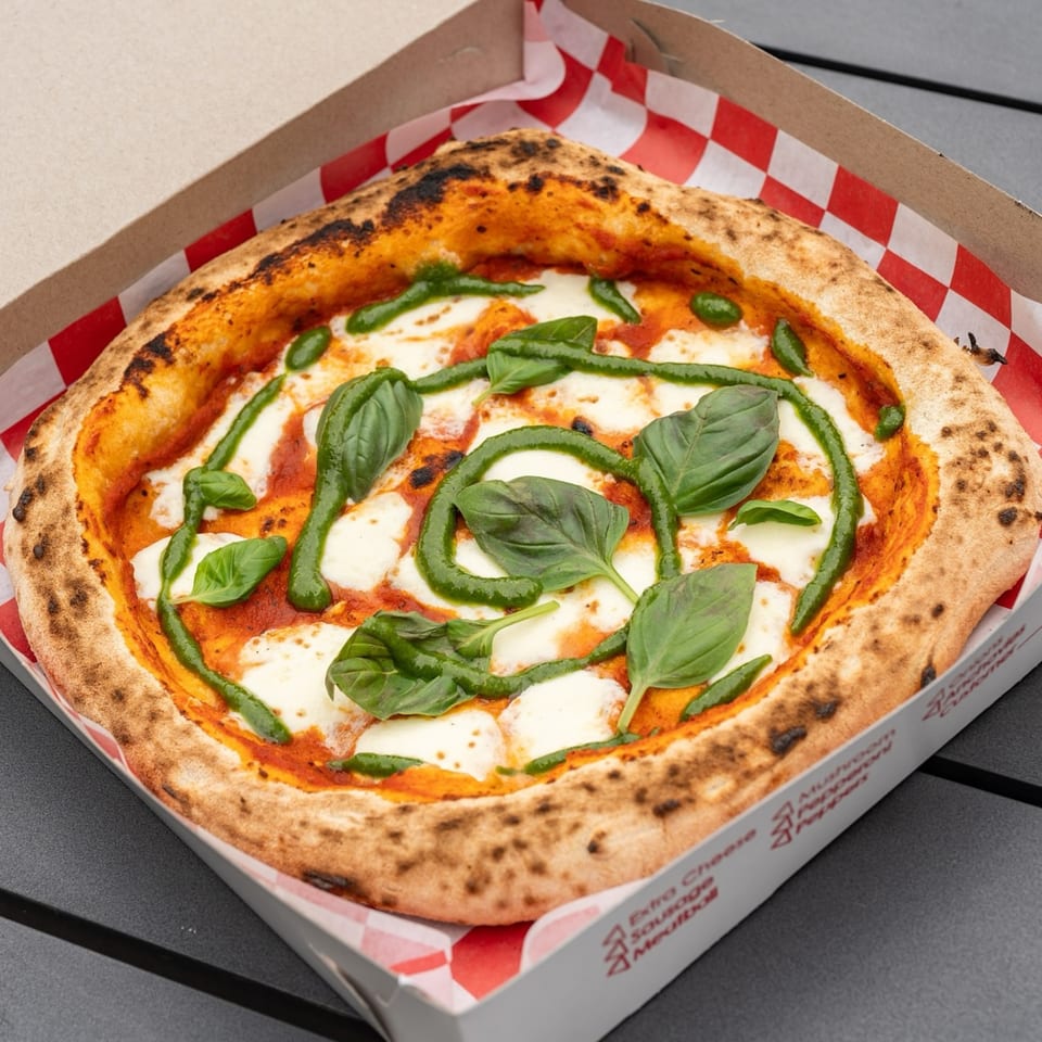Captain’s Pizza Company's Neapolitan pizza with fresh mozzarella, tomato sauce, pesto drizzle, and basil.