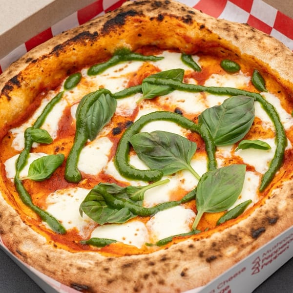 Captain's Pizza Company's Neapolitan pizza with fresh mozzarella, tomato sauce, pesto, and basil.